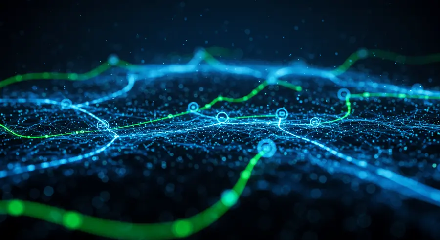 Abstract representation of a service mesh overlaying microservices, with lines connecting services indicating traffic flow and discovery. Emphasize network efficiency and observability. Futuristic, digital art style.